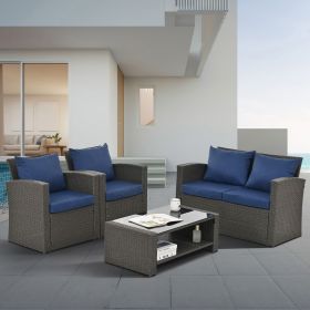Patio Furniture, Outdoor Furniture, Seasonal PE Wicker Furniture, Four Set Wicker Furniture With Black Tempered Glass Coffee Table (Main Color: Dark Brown, Main Material: PE Rattan+Iron+Waterproof Fabric)