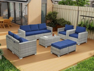 10 Piece PE Rattan Patio Furniture Set, Sectional Sofa Set, Outdoor Patio Furniture Set With Cushions & Tempered Glass Coffee Table (Main Color: Antique White+Gray, Main Material: PE Rattan+Iron+Waterproof Fabric)