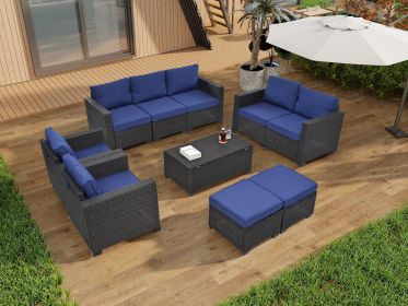 10 Piece PE Rattan Patio Furniture Set, Sectional Sofa Set, Outdoor Patio Furniture Set With Cushions & Tempered Glass Coffee Table (Main Color: Brown Multi, Main Material: PE Rattan+Iron+Waterproof Fabric)