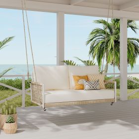 1-Piece Woven Rope Outdoor Swing Sofa with Soft Cushions Seating 2 for Patio, Courtyard and Balcony (Color: Beige, Material: Woven Rope)