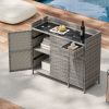 47.5"W Wicker Outdoor Storage Cabinet with Tempered Glass Desktop, Weather-proof Rattan Bar Table with Three Doors, Adjustable Shelf, and One Drawer,