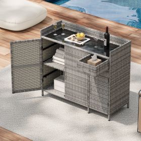 47.5"W Wicker Outdoor Storage Cabinet with Tempered Glass Desktop, Weather-proof Rattan Bar Table with Three Doors, Adjustable Shelf, and One Drawer, (Color: Grey, Material: Rattan+Metal)