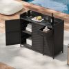 47.5"W Wicker Outdoor Storage Cabinet with Tempered Glass Desktop, Weather-proof Rattan Bar Table with Three Doors, Adjustable Shelf, and One Drawer,