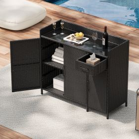47.5"W Wicker Outdoor Storage Cabinet with Tempered Glass Desktop, Weather-proof Rattan Bar Table with Three Doors, Adjustable Shelf, and One Drawer, (Color: Black Brown, Material: Rattan+Metal)