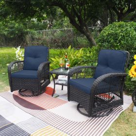 360-Degree Patio Wicker Swivel Rocker Chairs Set;  Outdoor Rattan Rocking Bistro Sets with Cushions and Table (Color: Navy Blue)
