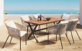 GO 7 Pieces Patio Dining Set, All-Weather Outdoor Furniture Set with Dining Table and Chairs, Acacia Wood Tabletop, Metal Frame, for for Garden, Backy