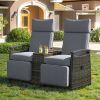 GO Patio Recliner Loveseat Chair, Adjustable Backrest Wicker Outdoor Lounge Chair Set with Acacia Wood Armrests and Built-in Storage Table for Balcony