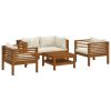 5 Piece Patio Lounge Set with Cream Cushion Solid Acacia Wood