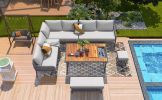 K&K 6-Piece Rope Patio Furniture L-Shaped Set, Outdoor Sectional Sofa Set with Acacia Wood Table with Ice Box, Rope Benches, Rope Conversation Set wit