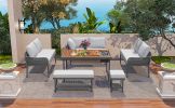 K&K 6-Piece Rope Patio Furniture L-Shaped Set, Outdoor Sectional Sofa Set with Acacia Wood Table with Ice Box, Rope Benches, Rope Conversation Set wit