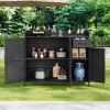 47.5"W Wicker Outdoor Storage Cabinet with Tempered Glass Desktop, Weather-proof Rattan Bar Table with Three Doors, Adjustable Shelf, and One Drawer,