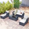 6-piece All-Weather Wicker PE rattan Patio Outdoor Dining Conversation Sectional Set with coffee table, wicker sofas, ottomans, removable cushions (Bl